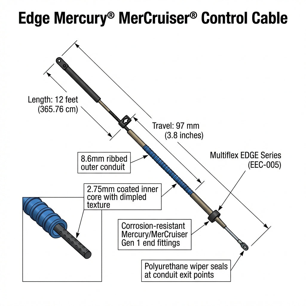 12ft Edge Control Cable for Mercury Mercruiser Gen I - High Performance Throttle