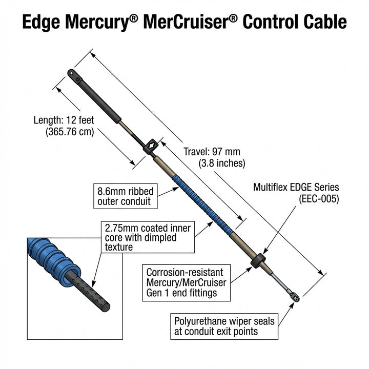 12ft Edge Control Cable for Mercury Mercruiser Gen I - High Performance Throttle
