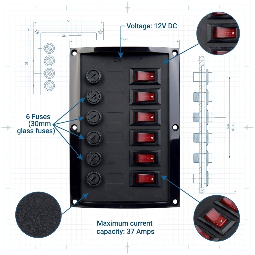 Talamex 6-Fuse Marine Switch Panel 12V 37A Black 165x114mm 14.577.006