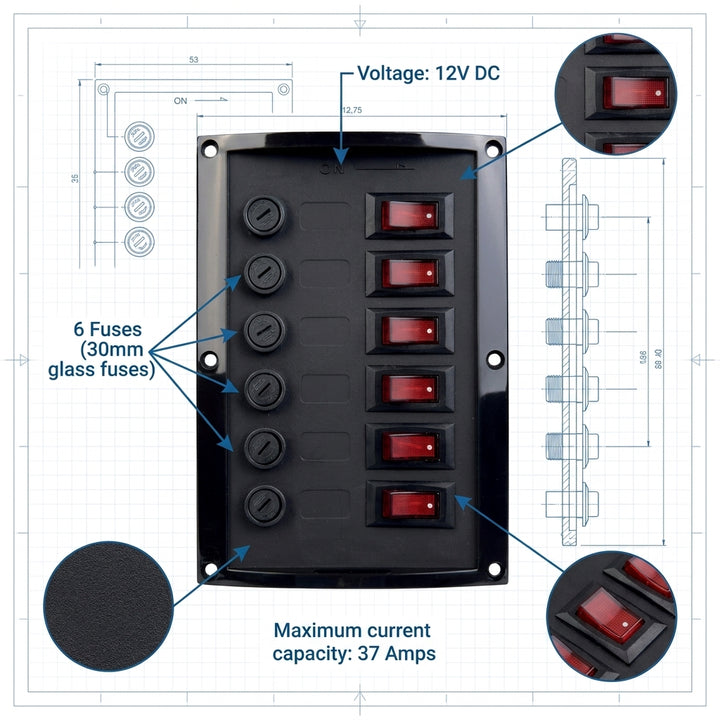 Talamex 6-Fuse Marine Switch Panel 12V 37A Black 165x114mm 14.577.006