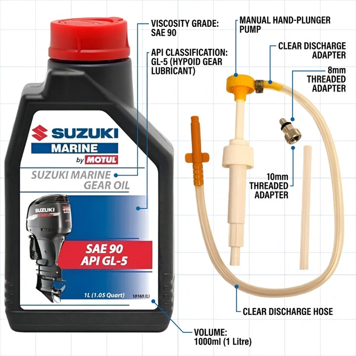 Suzuki Marine SAE 90 GL5 Gear Oil 1L & Pump Kit - Genuine Outboard Maintenance