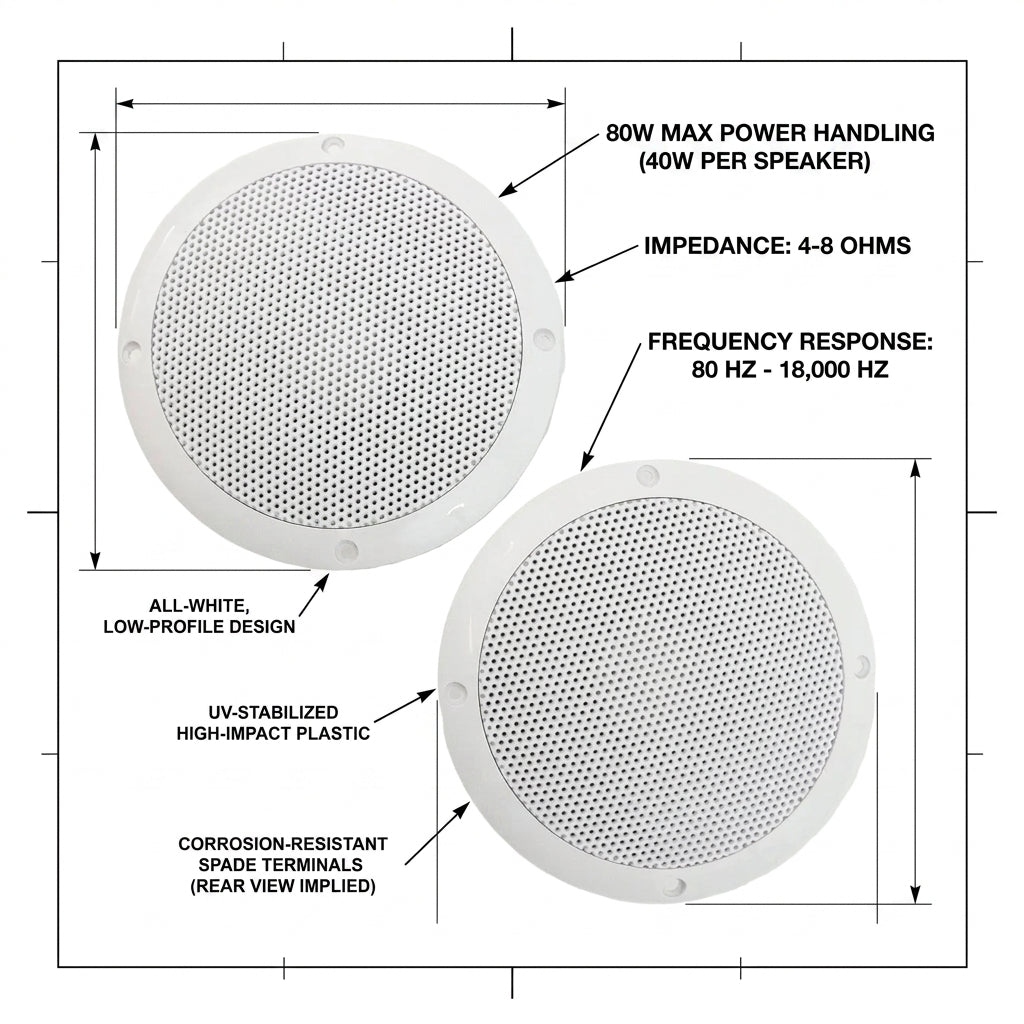 Marine Grade Waterproof Boat Speakers 80W Pair White 4.5" Cutout UV Stabilised