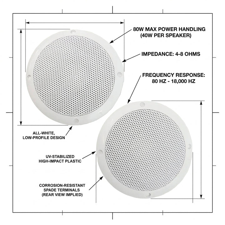 Marine Grade Waterproof Boat Speakers 80W Pair White 4.5" Cutout UV Stabilised