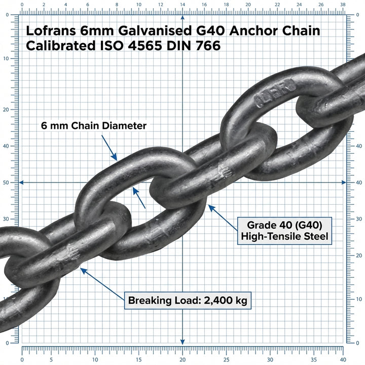 Lofrans 6mm Galvanised G40 Anchor Chain Calibrated ISO 4565 DIN 766- price per meter