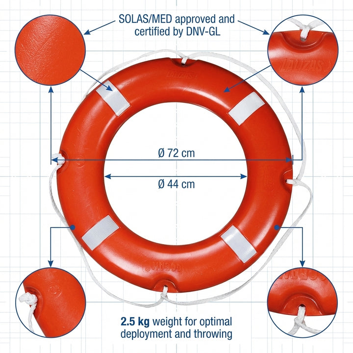 Lalizas Lifebuoy Ring SOLAS MED 72cm 2.5kg with Reflective Tape