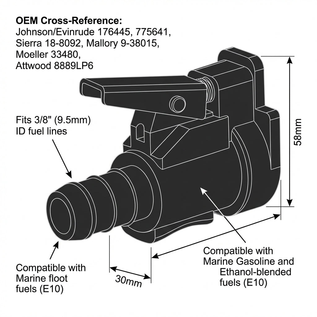 Fuel Connector for Johnson Evinrude Outboards 3/8" Hose - Replaces 176445