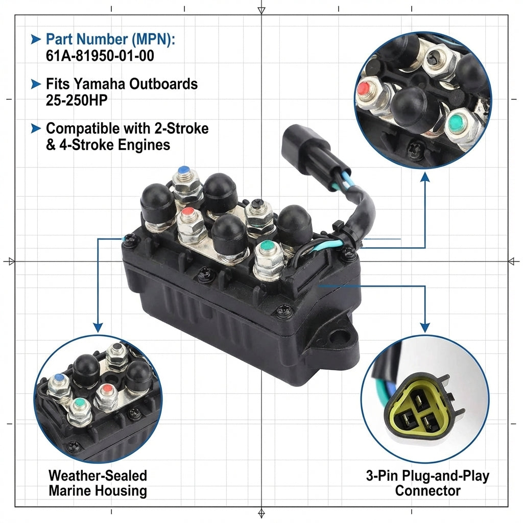 Power Trim Tilt Relay for Yamaha Outboard 25-250HP 61A-81950-01-00 3-Pin Assembly