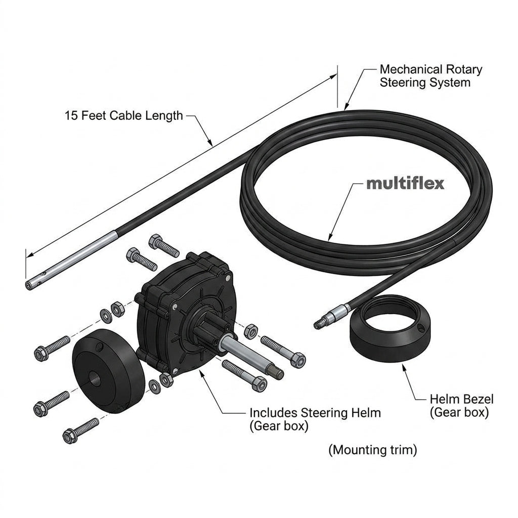 15ft Boat Steering Kit Helm Bezel Cable 4.55m Multiflex Outboard Up to 150hp