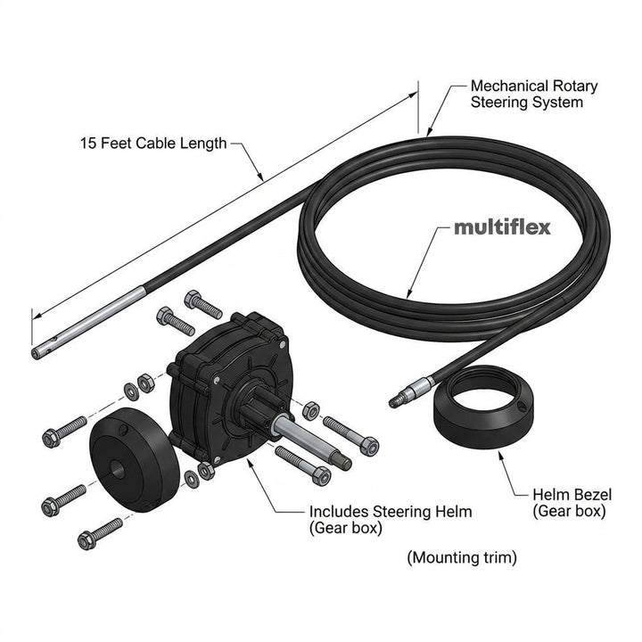 15ft Boat Steering Kit Helm Bezel Cable 4.55m Multiflex Outboard Up to 150hp