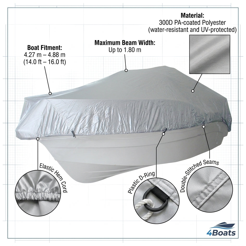Boat Cover Size 1 | Fits 14-16ft (4.27-4.88m) | Silver Waterproof Marine Grade