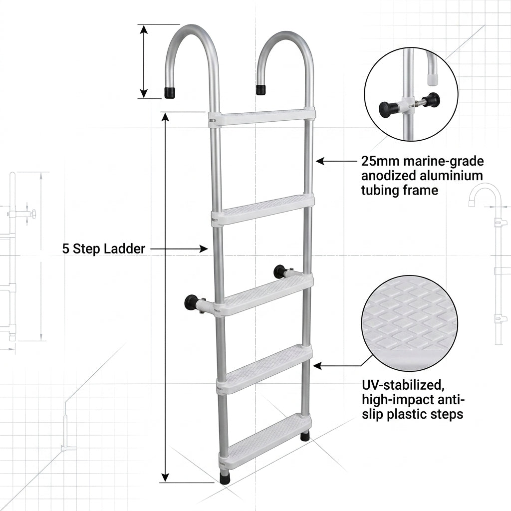 5-Step Aluminium Anti-Slip Boarding Ladder - Lightweight Hook-Over Boat Ladder