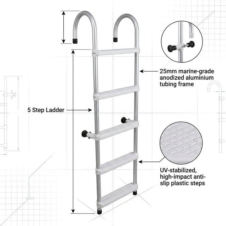 5-Step Aluminium Anti-Slip Boarding Ladder - Lightweight Hook-Over Boat Ladder