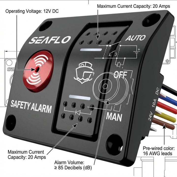 SEAFLO 12V Bilge Pump Alarm Switch Panel 20A Max SFASP1-01 Marine Boat Safety
