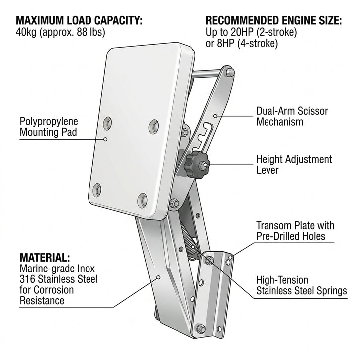 Outboard Motor Bracket Stainless Steel 316 Adjustable Aux Engine Mount Pad 40kg