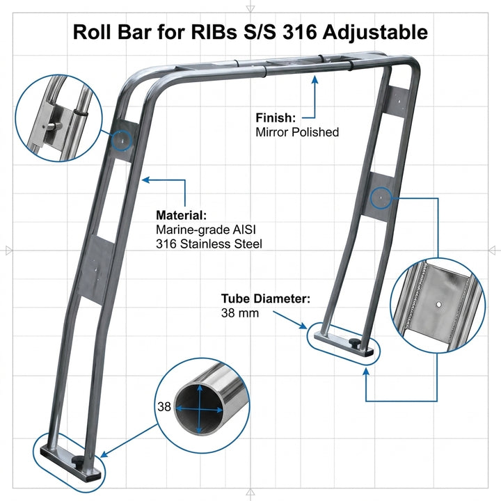 Adjustable 316 Stainless Steel Roll Bar for RIBs & Inflatable Boats 38mm Tube