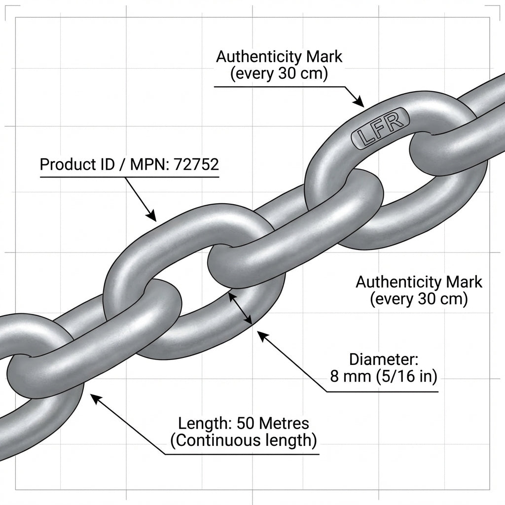 Lofrans 8mm G40 Calibrated Anchor Chain 50m Pack Galvanized ISO 4565 DIN 766