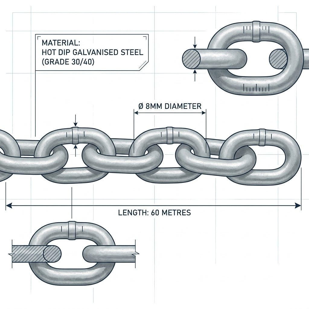8mm Calibrated Hot Dip Galvanised Marine Anchor Chain 60m Length DIN766 Grade 30