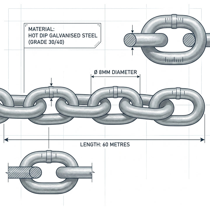 8mm Calibrated Hot Dip Galvanised Marine Anchor Chain 60m Length DIN766 Grade 30
