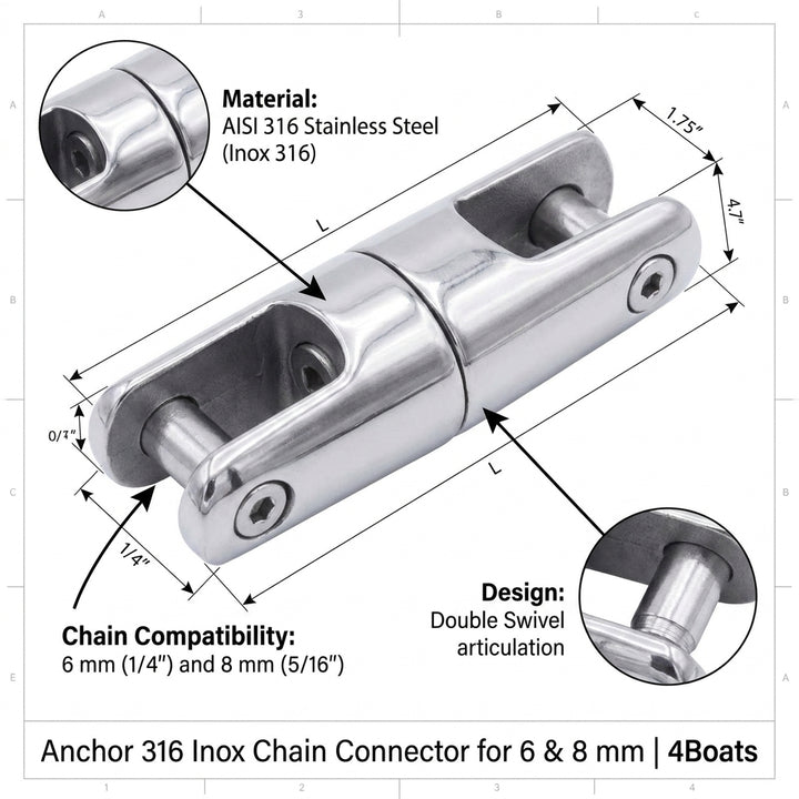 Anchor Chain Connector AISI 316 Stainless Steel 6mm 8mm Chain Lalizas 98076