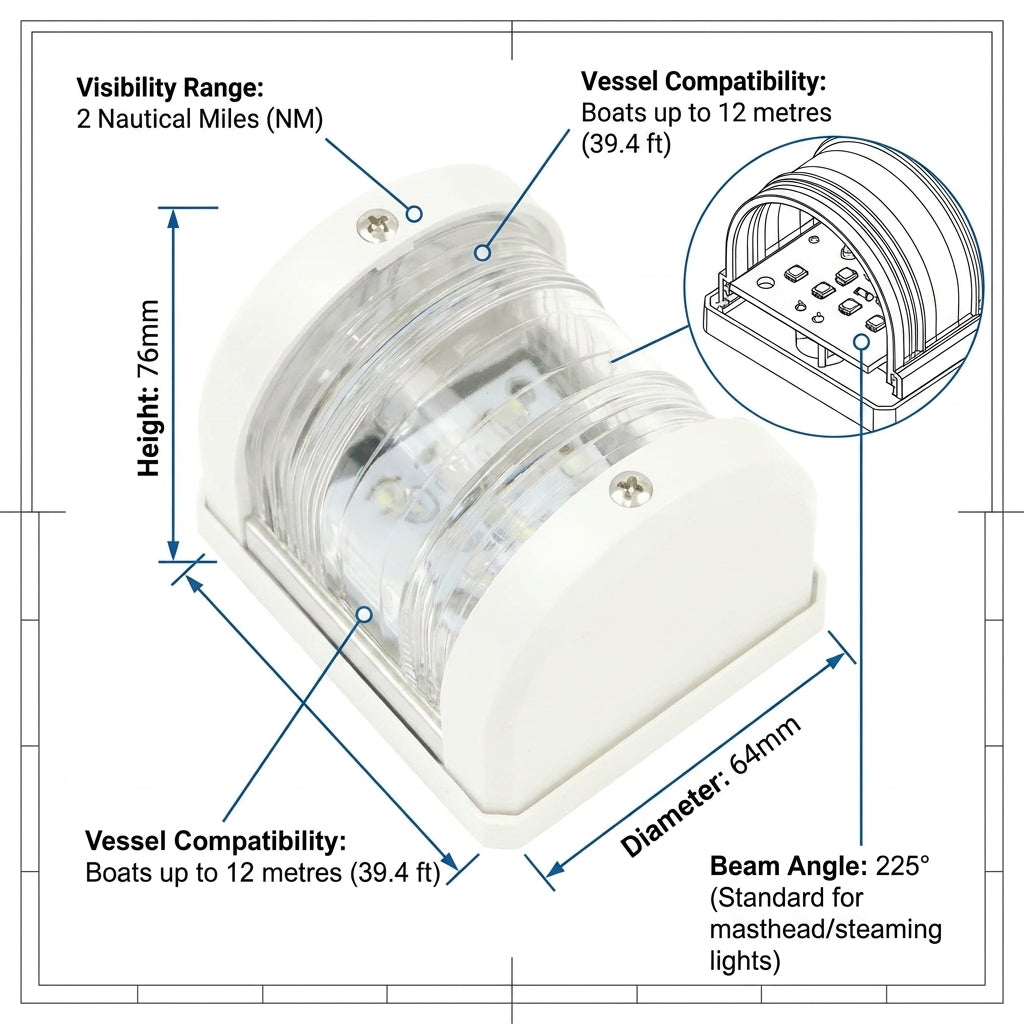 White Masthead LED Navigation Light MidiNav Range for Boats up to 12m 2NM IP66
