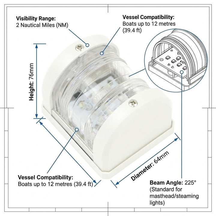 White Masthead LED Navigation Light MidiNav Range for Boats up to 12m 2NM IP66