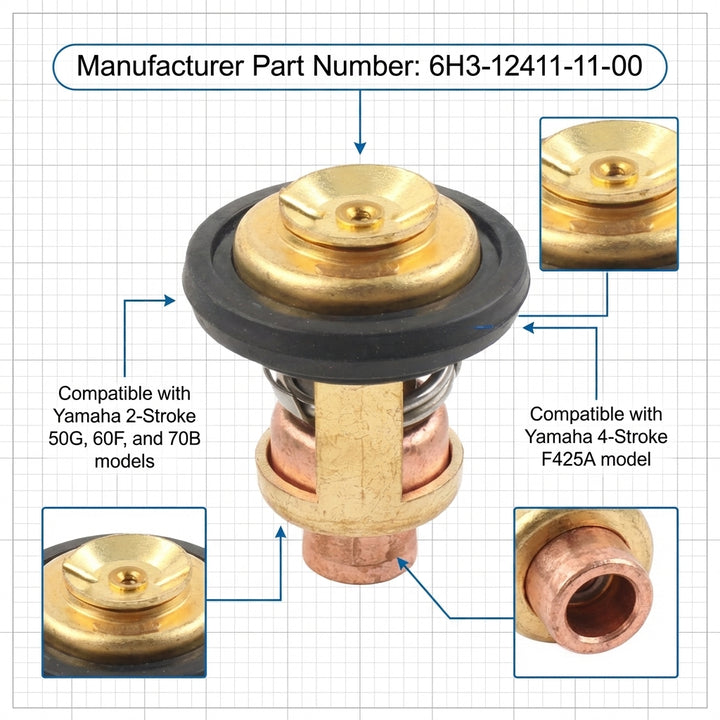 Thermostat for Yamaha Outboard 2-Stroke Engines | Replaces 688-12411-10 / 6H3-12411-11 / 6E5-12411-02 | 60°C Rated