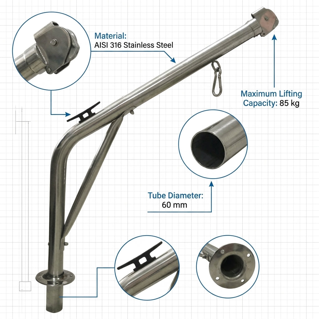 Lalizas AISI 316 Stainless Steel Boat Davit 85kg Max Lift 60mm Tube 70141