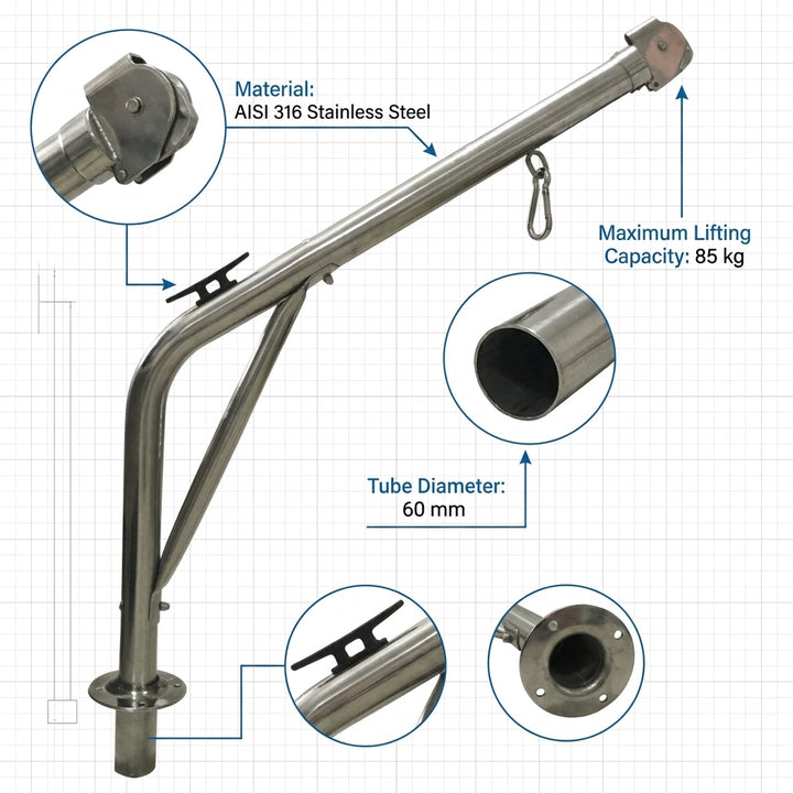 Lalizas AISI 316 Stainless Steel Boat Davit 85kg Max Lift 60mm Tube 70141