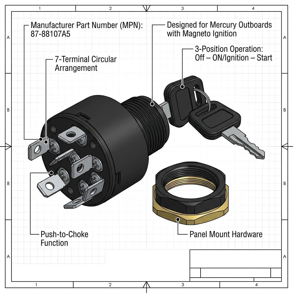 Ignition Key Switch for Mercury Outboard 87-88107A5 Push-to-Choke 7-Terminal