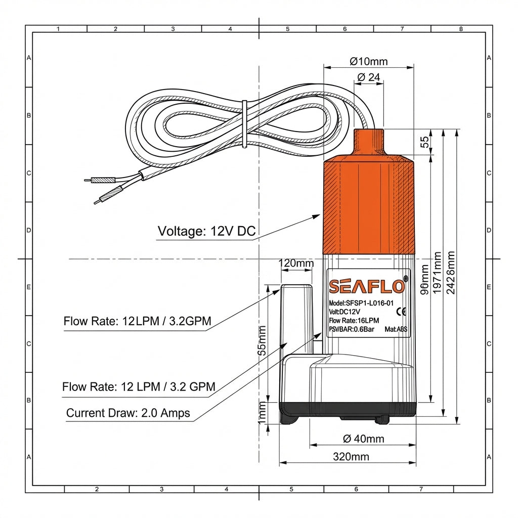 SEAFLO 12V Submersible Inline Pump 12LPM 3.2GPM SP1L01201 Boat RV Campervan