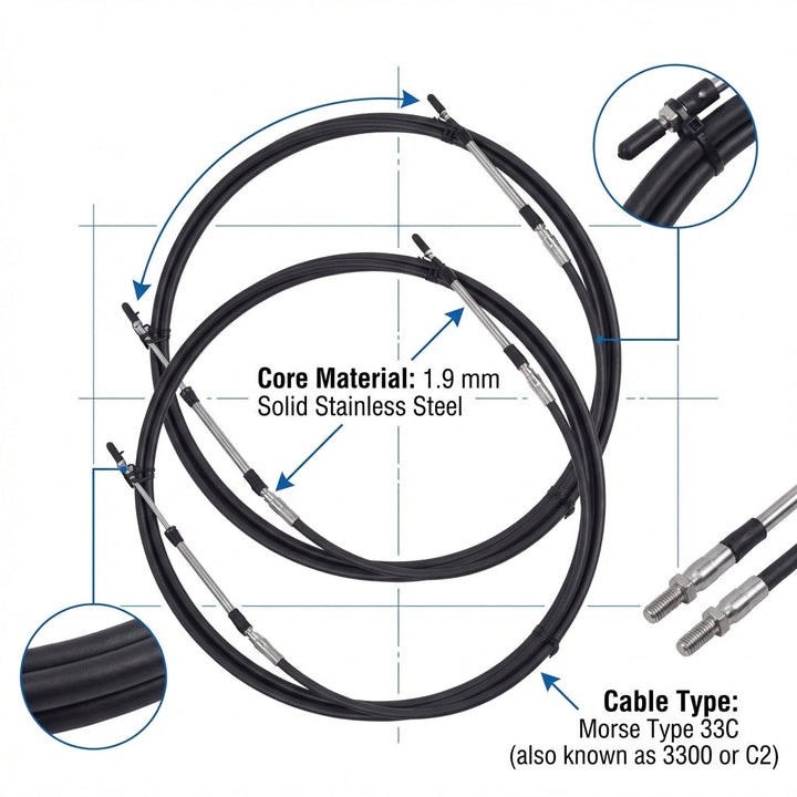 10ft Pair Outboard Gear/Throttle Control Cable 33C for Yamaha Suzuki Tohatsu C2 Type