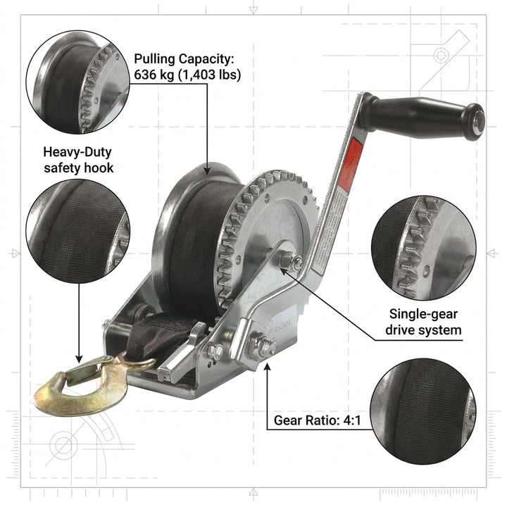 Talamex Trailer Winch WT 73-14 Soft Webbing 636kg 4:1 Ratio 6m Belt Zinc Plated