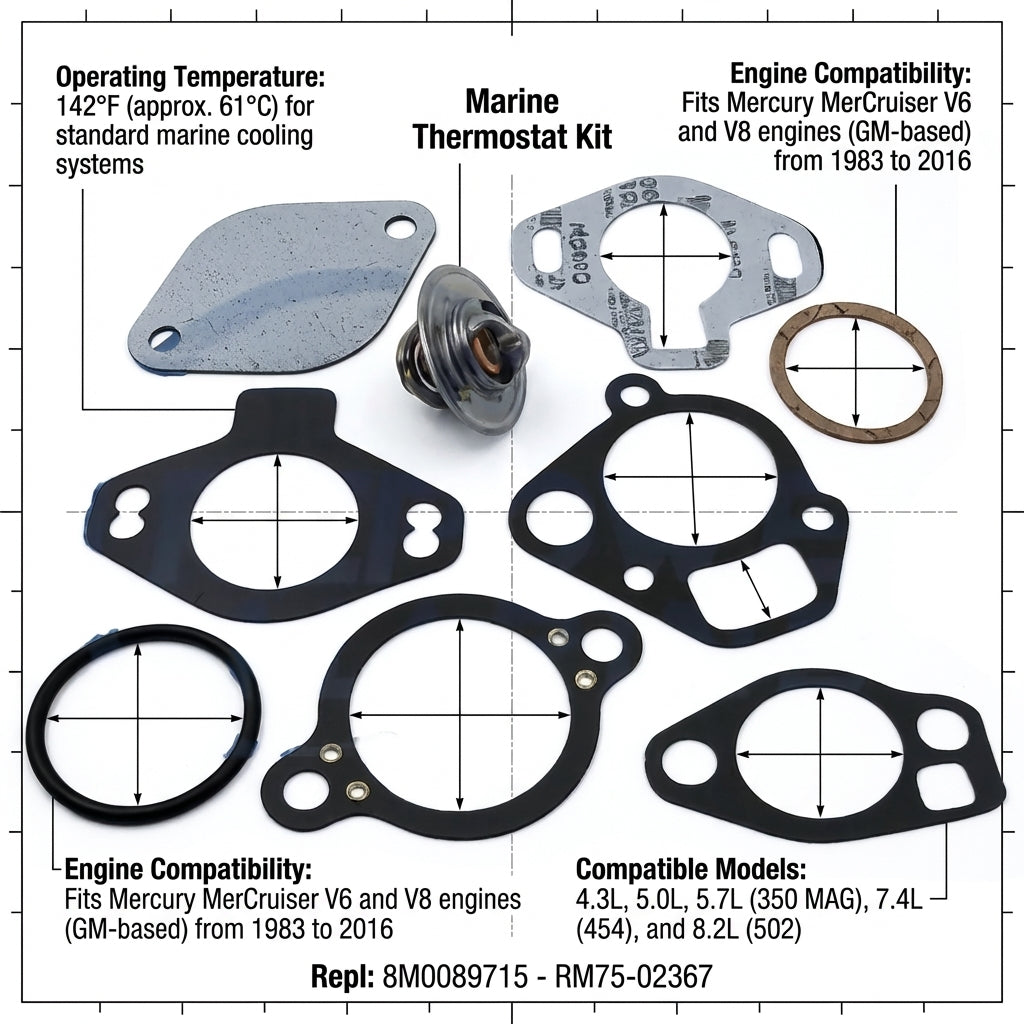 MerCruiser Thermostat Kit 142°F 8M0089715 RM75-02367 V6 V8 4.3 5.0 5.7L Marine