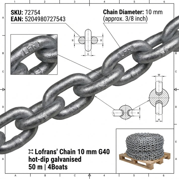 Lofrans 10mm G40 Hot-Dip Galvanised Calibrated Anchor Chain ISO 4565 - 50m Roll