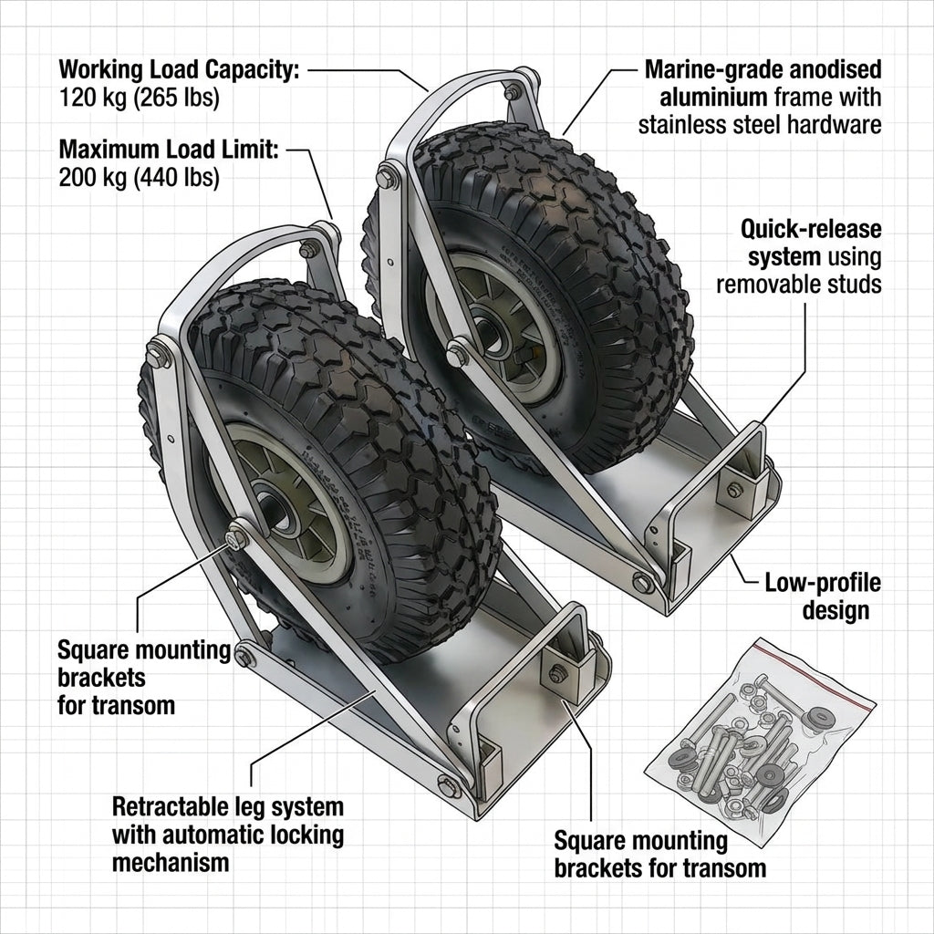 Rugged Heavy Duty Launching Wheels Retractable Aluminium Inflatable Boat Dinghy