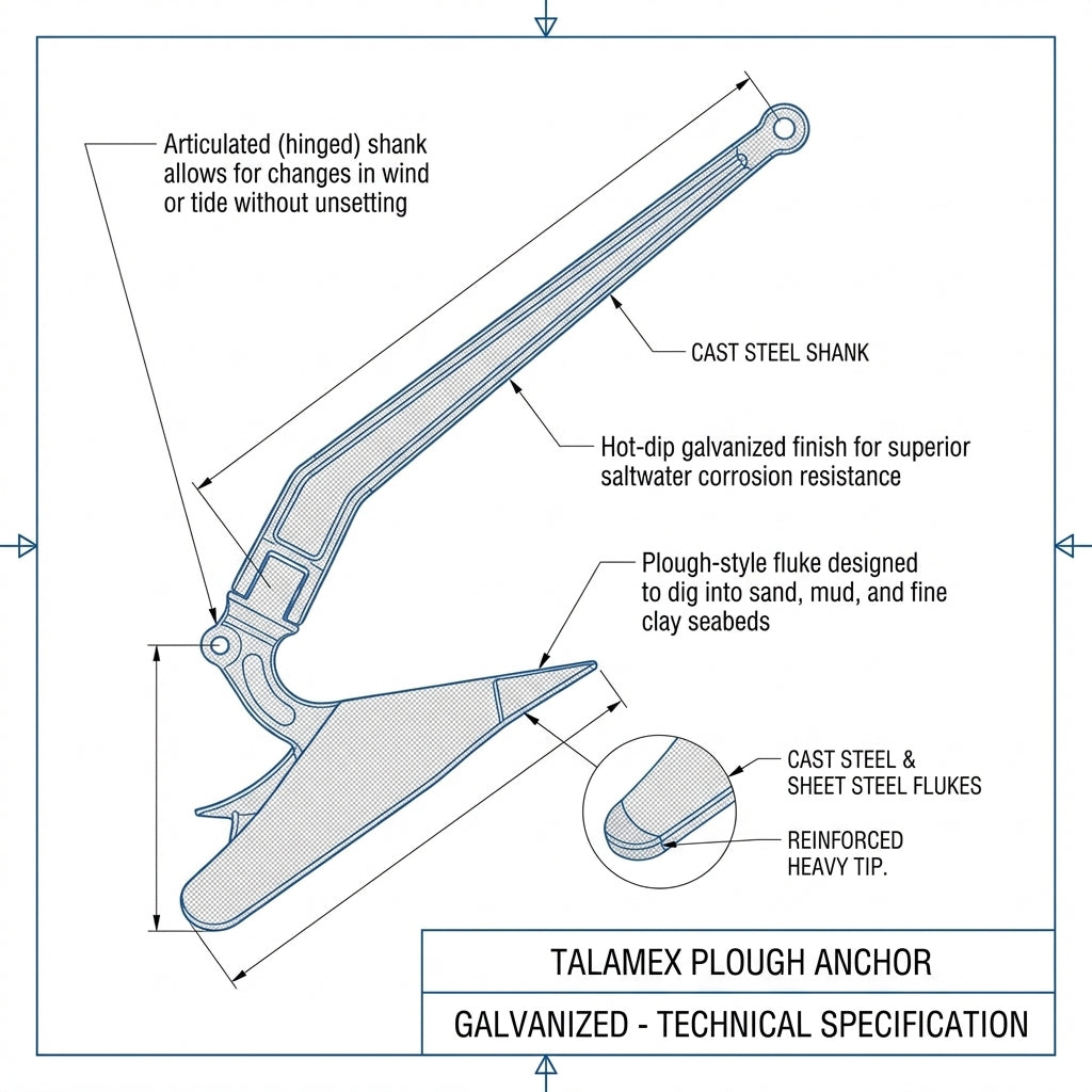 Talamex Galvanized Plough Anchor - CQR Style Boat Mooring 7kg 9kg 12kg 15kg 22kg