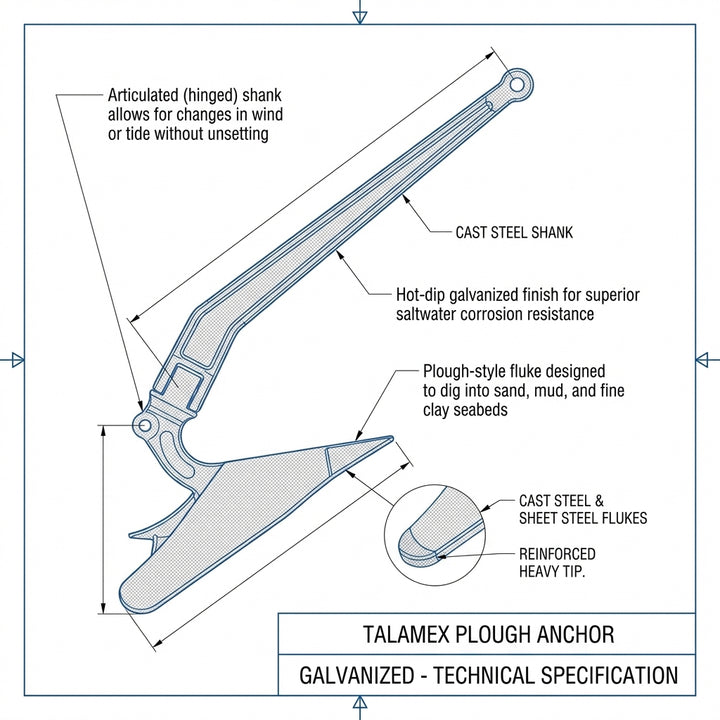 Talamex Galvanized Plough Anchor - CQR Style Boat Mooring 7kg 9kg 12kg 15kg 22kg