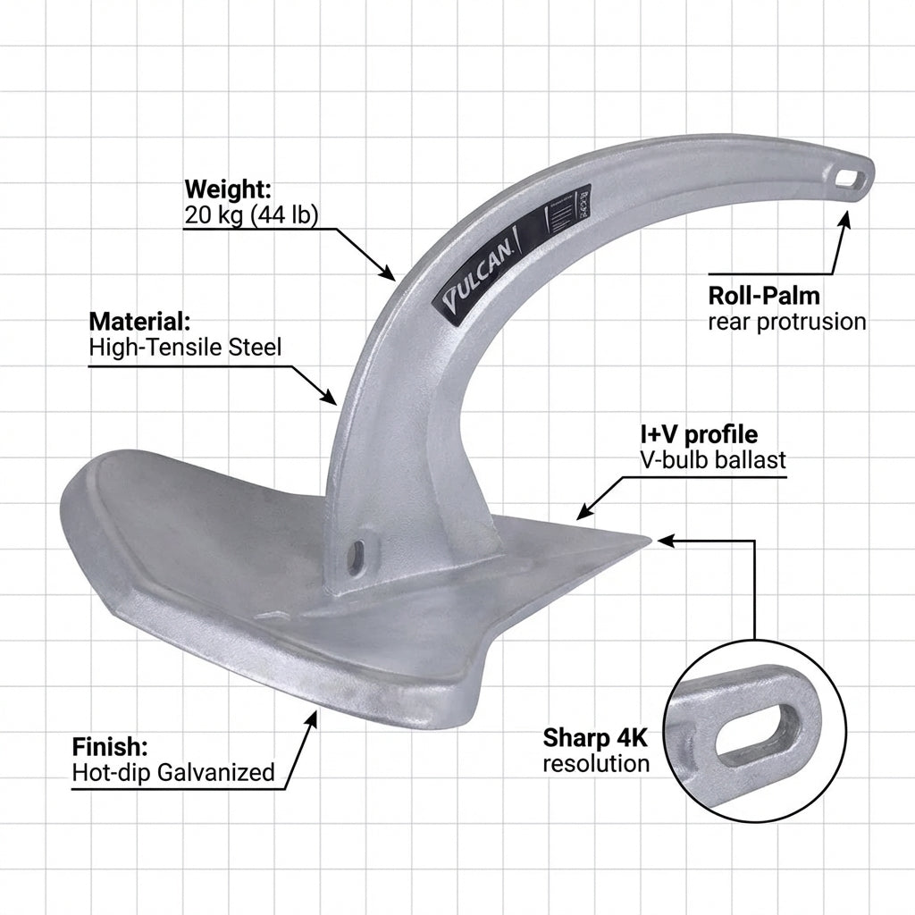 Rocna Vulcan Galvanised Anchor 20kg 44lb High Holding Power 77-106-075 Boat