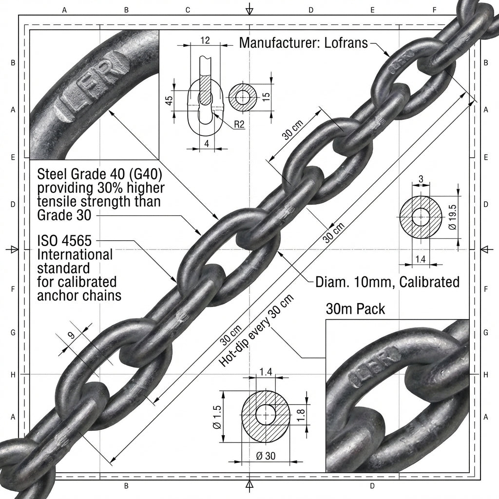 Lofrans Calibrated Anchor Chain G40 Hot Dip Galvanized ISO 4565 DIN 766 6-12mm