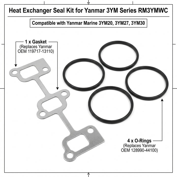 Heat Exchanger Seal Kit for Yanmar 3YM15 3YM20 3YM30 - Replaces 128990-44100
