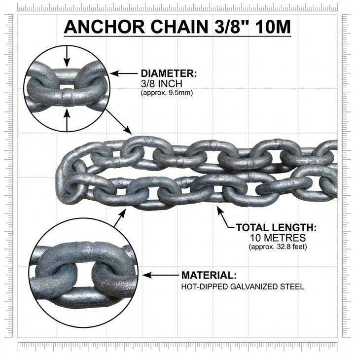 3/8" Galvanized Anchor Lead Chain 10m - Heavy Duty 10mm Marine Boat Chain