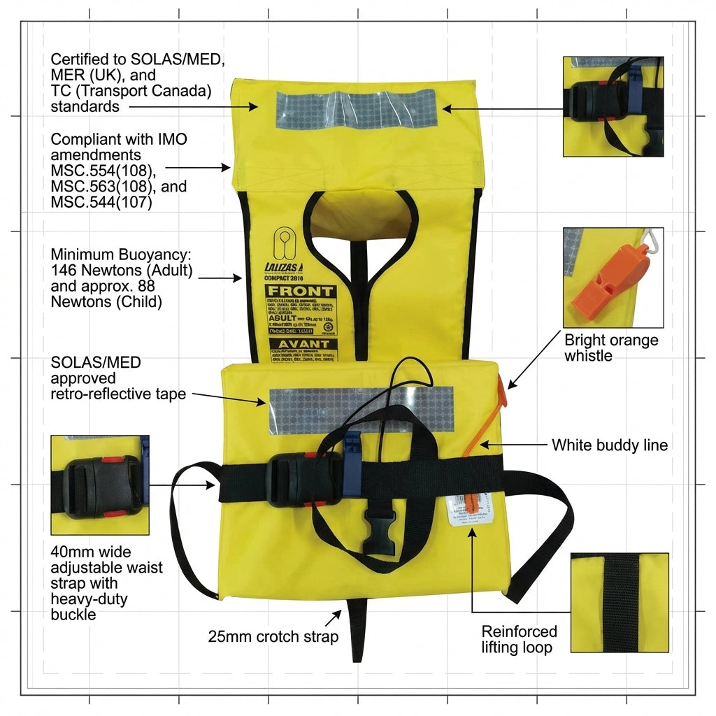Lalizas Compact Folding Lifejacket SOLAS MED MER TC Marine Safety Vest Yellow