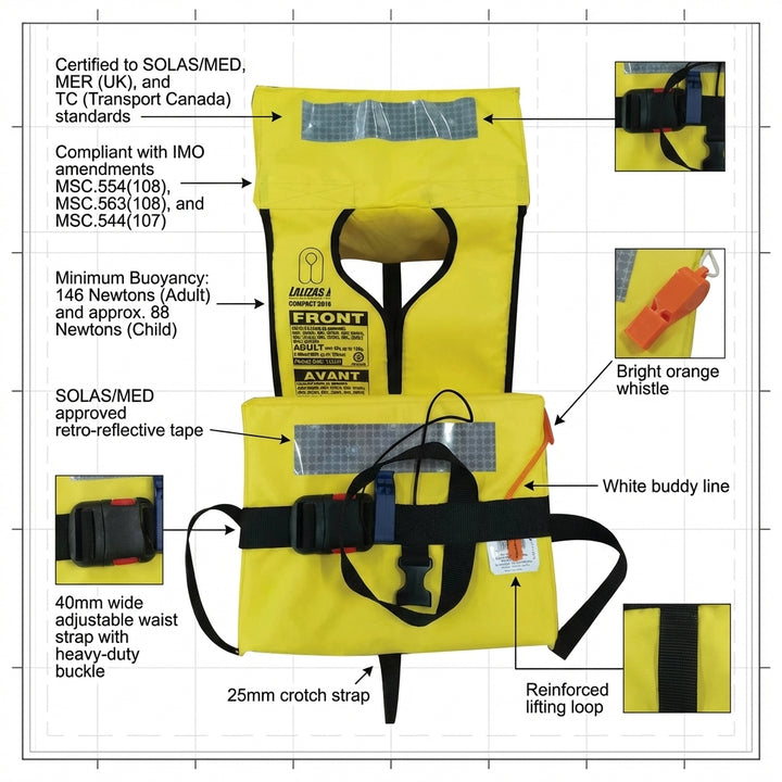 Lalizas Compact Folding Lifejacket SOLAS MED MER TC Marine Safety Vest Yellow