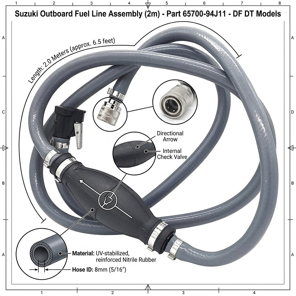 Suzuki Outboard Fuel Line Assembly 2m Hose Primer Bulb 65700-94J11 DF DT Models