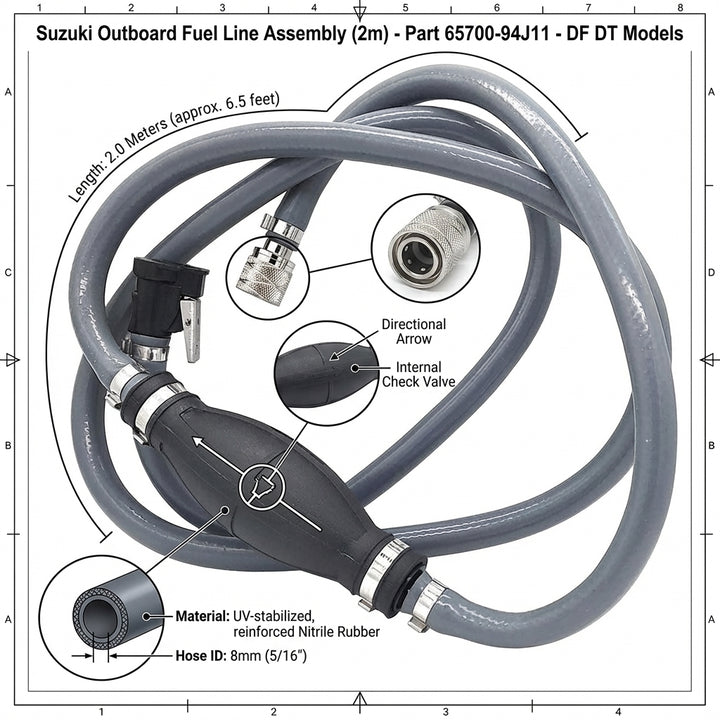 Suzuki Outboard Fuel Line Assembly 2m Hose Primer Bulb 65700-94J11 DF DT Models