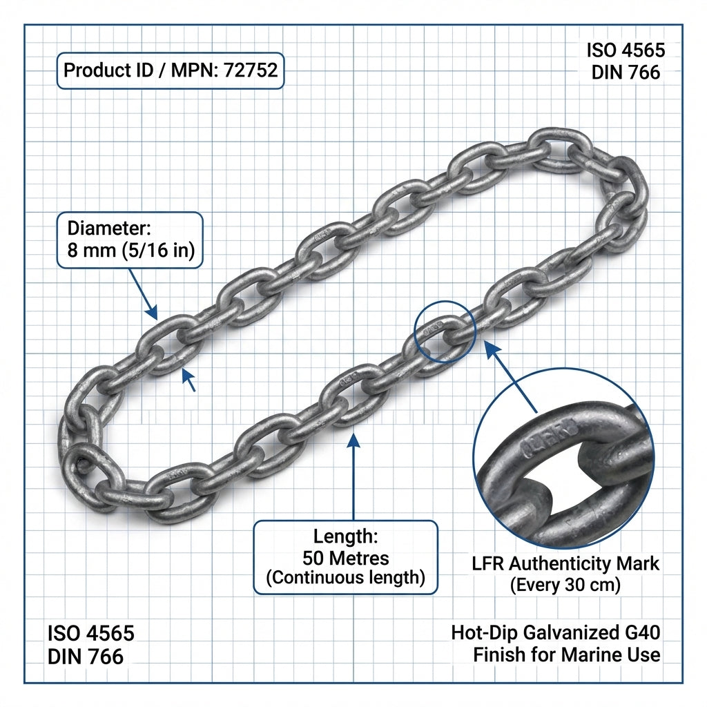 Lofrans 8mm G40 Calibrated Anchor Chain 50m Pack Galvanized ISO 4565 DIN 766