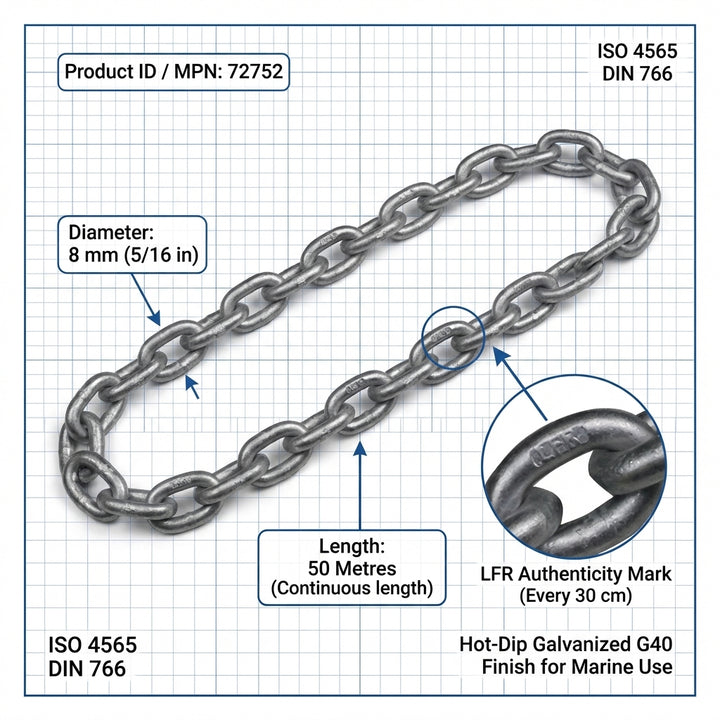 Lofrans 8mm G40 Calibrated Anchor Chain 50m Pack Galvanized ISO 4565 DIN 766