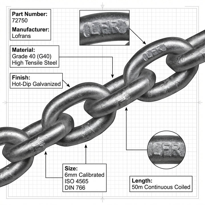 Lofrans 72750 6mm Anchor Chain G40 ISO 4565 DIN 766 Galvanized 50m Calibrated