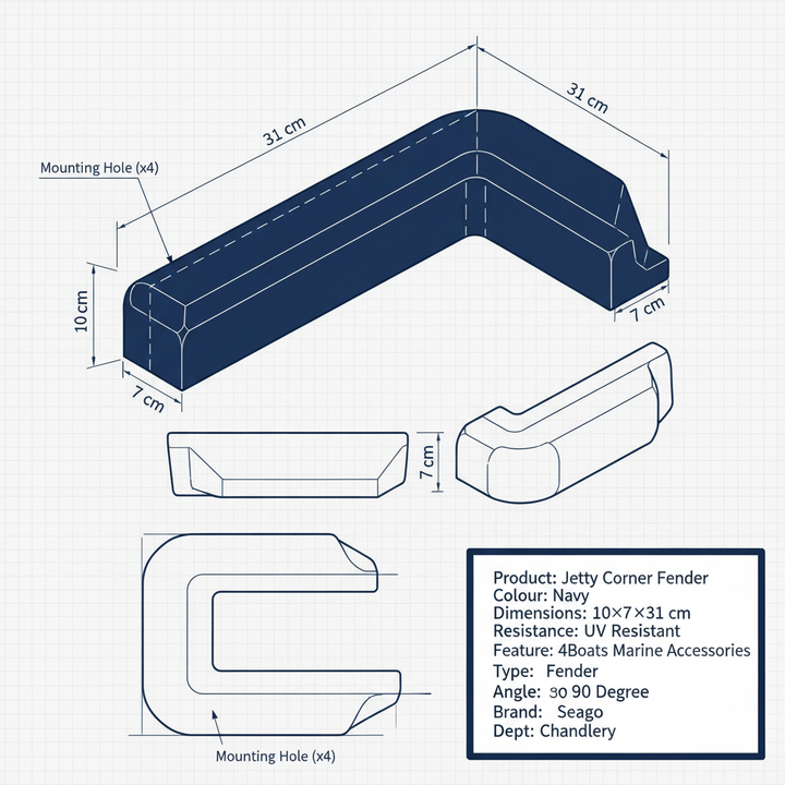Jetty Corner Fender | Navy 10×7×31 cm UV | resistant | 4Boats - Technical specification image 3