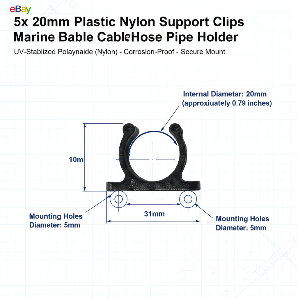 5x 15mm Plastic Nylon Support Clips - Marine Boat Hook & Pipe Storage Holder - Technical specification image 2